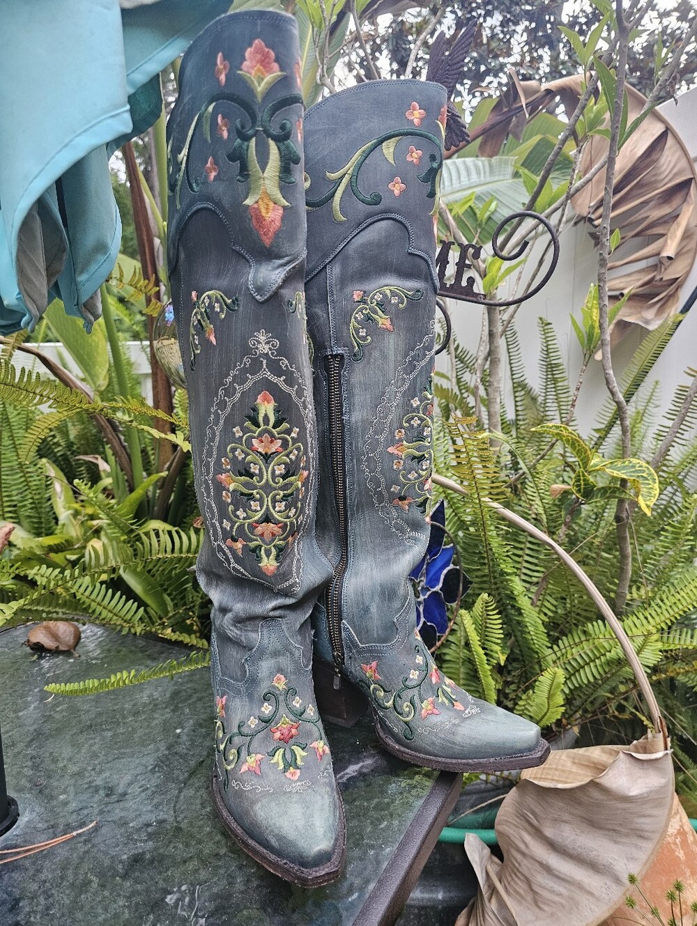 Dan Post Flower Child Tall OTK Dusty Turquoise Embroidered Western Boots 7.5